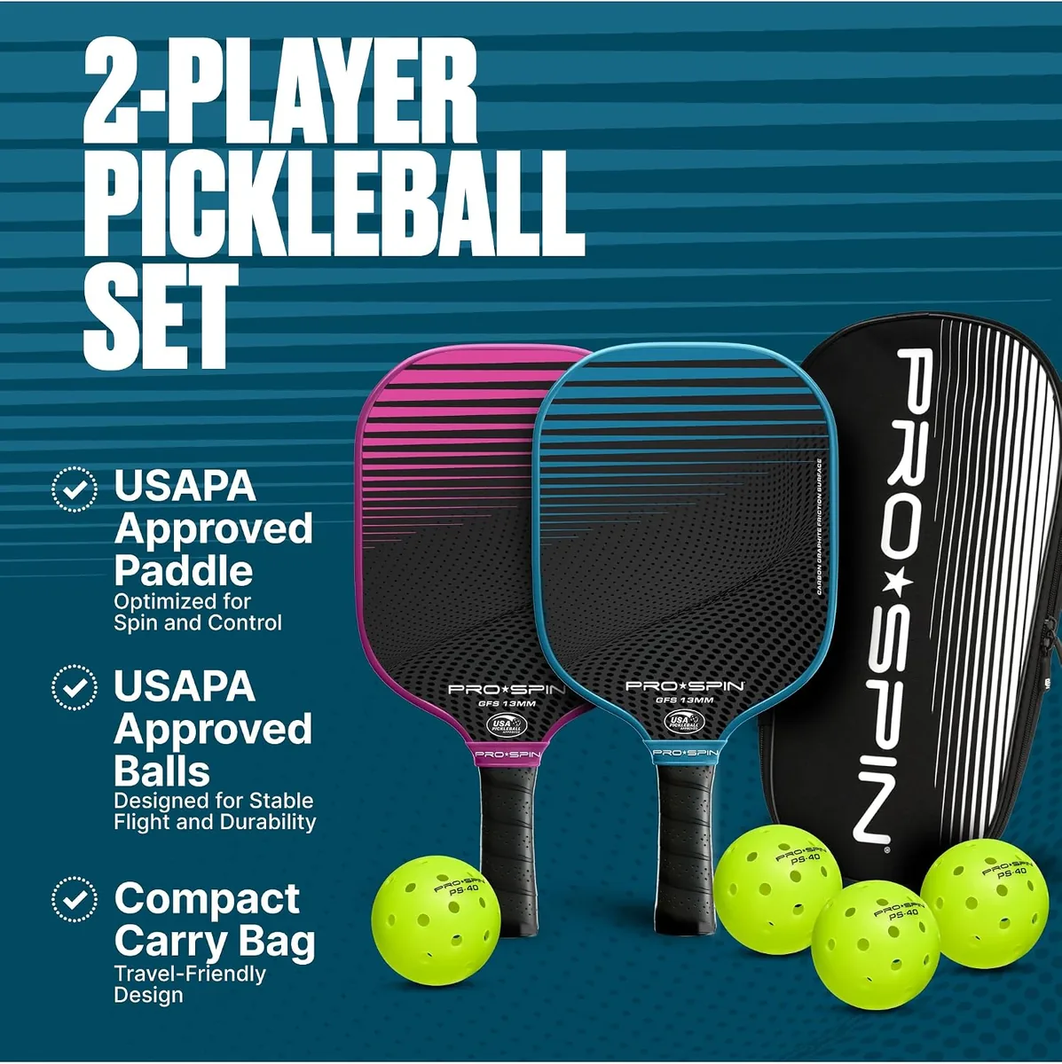 PRO-SPIN Carbon Fiber Pickleball Paddles Set of 2 | Lightweight Pickleball Set with Indoor/Outdoor Balls and Bag – Durable Pickle Ball Paddle Gift for Men, Women & Families