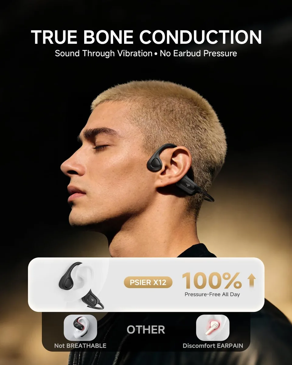 PSIER Bone Conduction Headphones, 2026 Upgrade Bluetooth 6.0 Open Ear Headphones, 10Hrs Playtime Wireless Earbuds with Mic, 23g Lightweight Comfort, IPX5 Waterproof Running Headphones for Gym, Outdoor