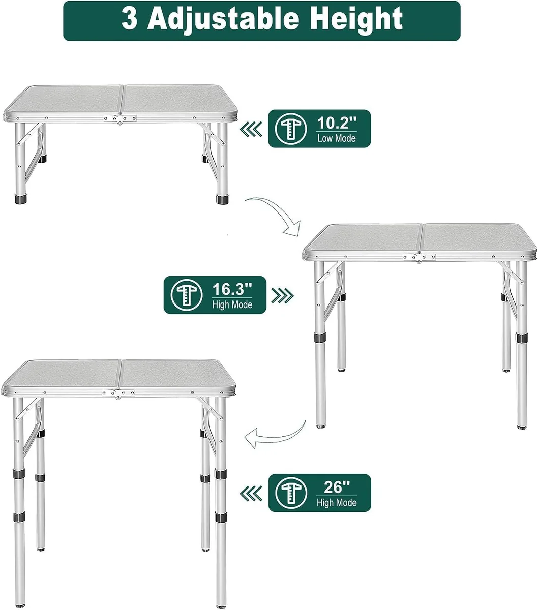 REDCAMP Small Camping Table 2 Foot, Portable Aluminum Frame Folding Table Adjustable Height Lightweight for Picnic Beach Outdoor Indoor, White 24 x 16 inch (3 Heights)