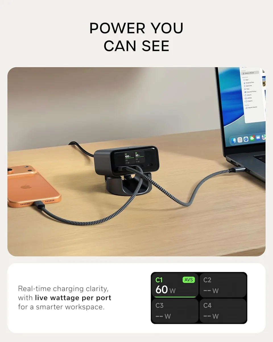 Satechi ChargeViewโข 140W Desktop Charger, GaN Charging Station with Live Power Display, Four USB-C Ports, Designed for Modern Workspaces, Space Black