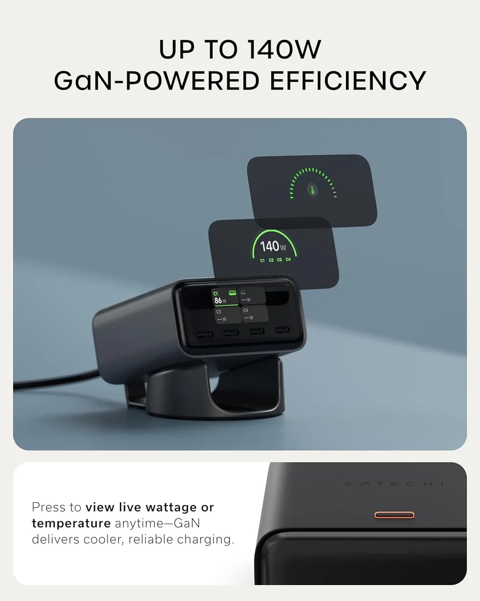 Satechi ChargeViewโข 140W Desktop Charger, GaN Charging Station with Live Power Display, Four USB-C Ports, Designed for Modern Workspaces, Space Black