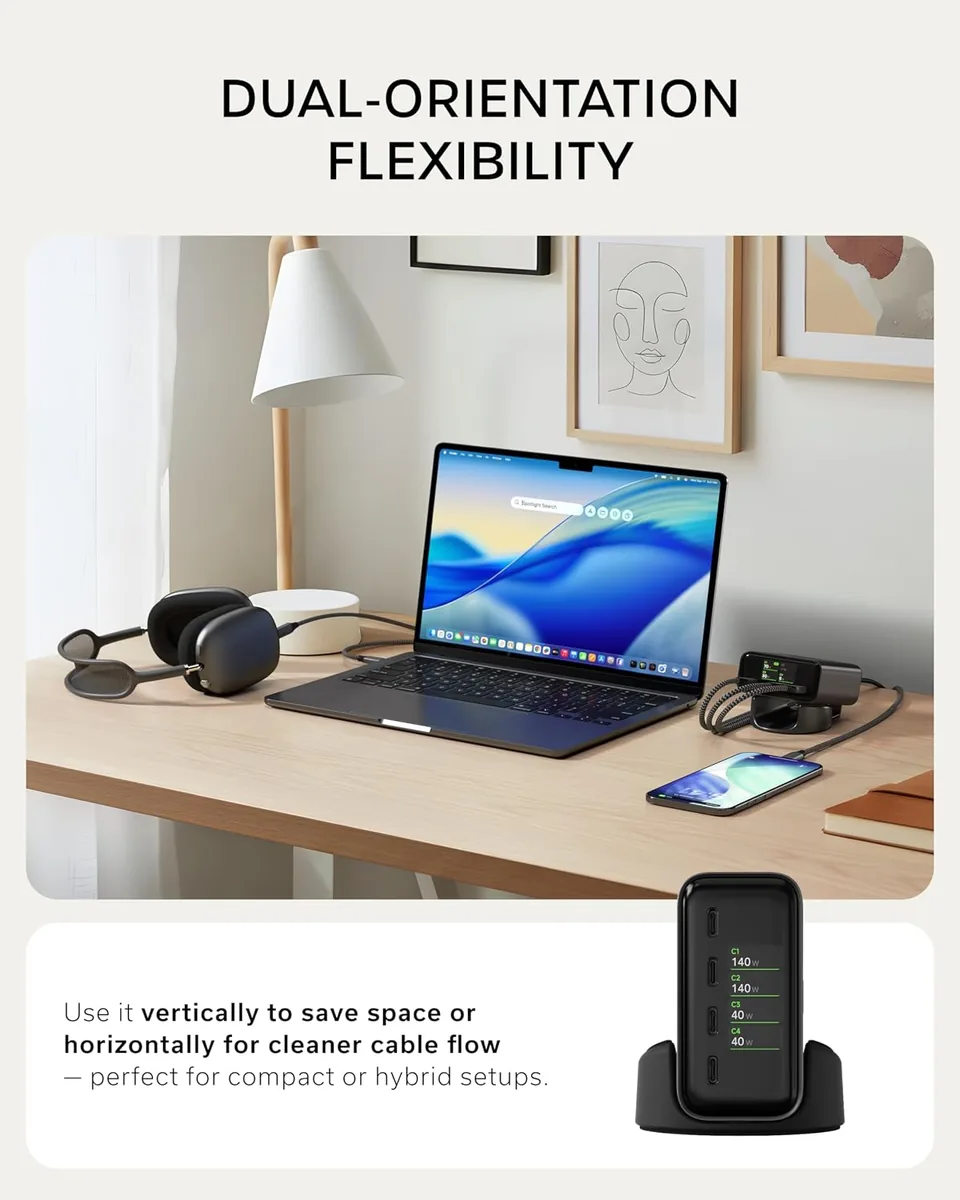 Satechi ChargeView™ 140W Desktop Charger, GaN Charging Station with Live Power Display, Four USB-C Ports, Designed for Modern Workspaces, Space Black