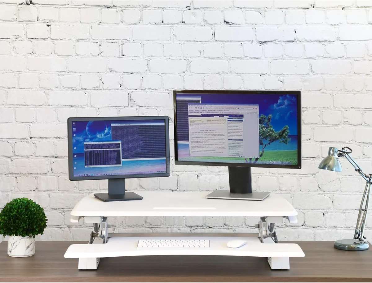 Seville Classics OFF65808 Airlift 36" Gas-Spring Height Adjustable Standing Desk Converter Workstation Ergonomic Dual Monitor Riser with Keyboard Tray and Phone/Tablet Holder Full White
