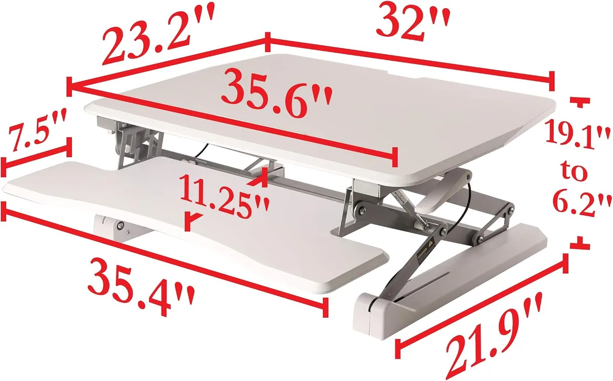 Seville Classics OFF65808 Airlift 36" Gas-Spring Height Adjustable Standing Desk Converter Workstation Ergonomic Dual Monitor Riser with Keyboard Tray and Phone/Tablet Holder Full White
