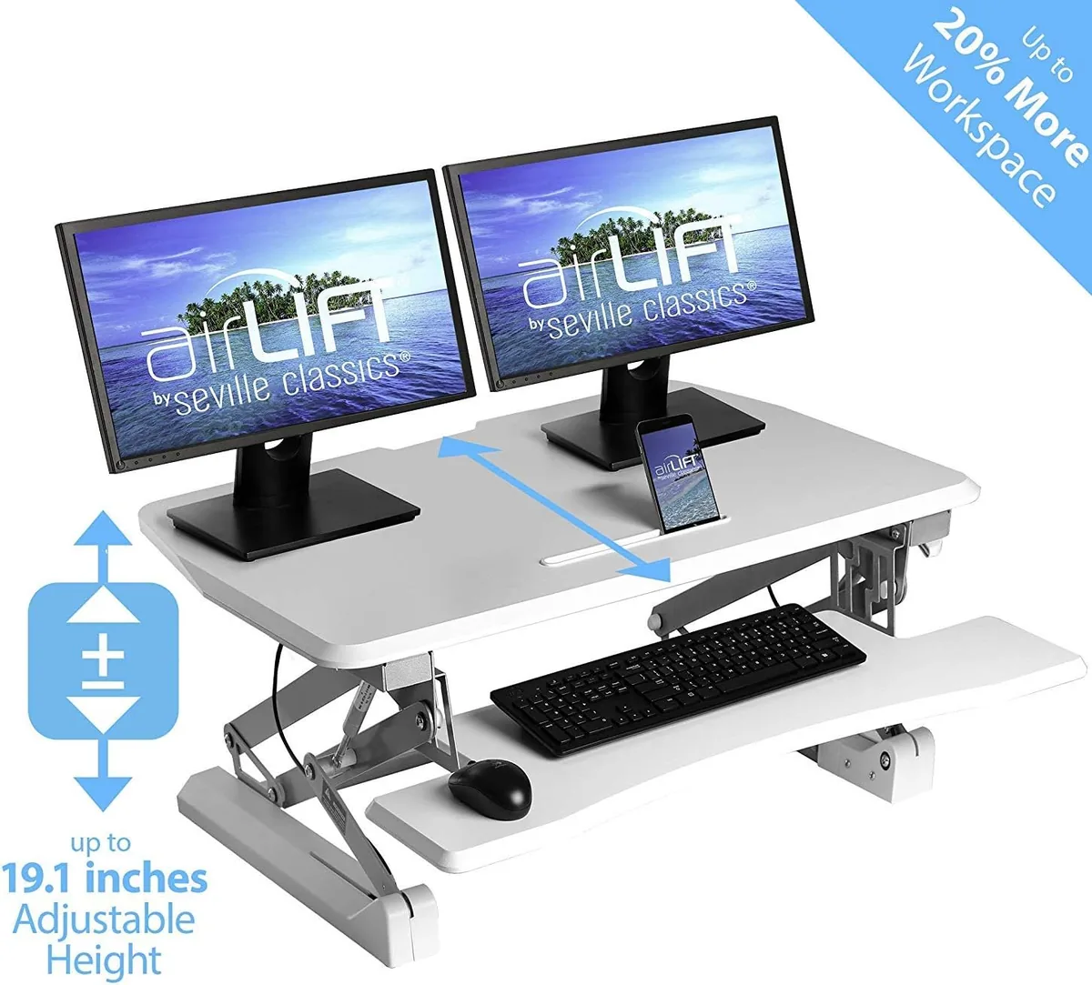 Seville Classics OFF65808 Airlift 36" Gas-Spring Height Adjustable Standing Desk Converter Workstation Ergonomic Dual Monitor Riser with Keyboard Tray and Phone/Tablet Holder Full White