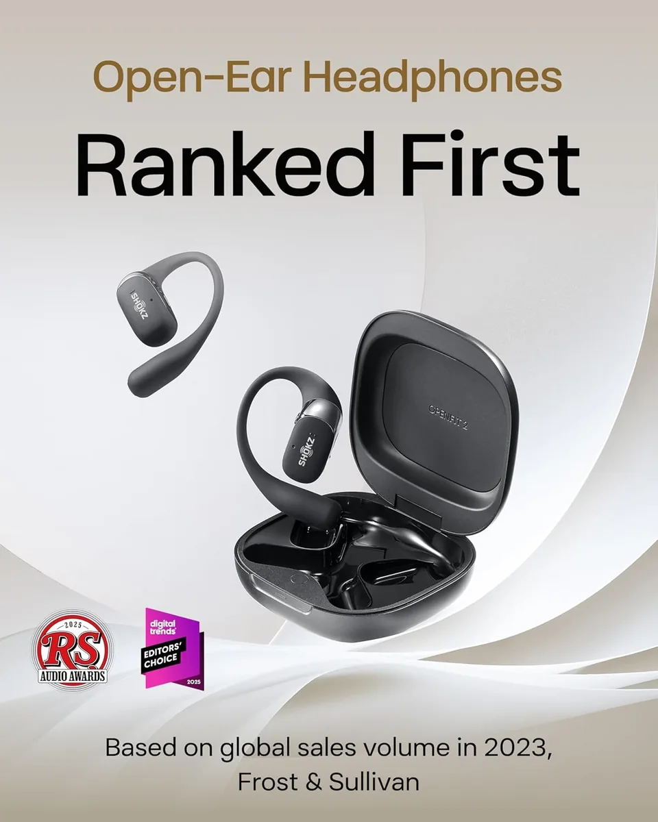 SHOKZ OpenFit 2 Open-Ear Headphones,True Wireless Bluetooth Earphones with Microphone,Earhook Earbuds with 48 Hours of Playtime,Fast Charging,IP55 Water-Resistant,with Carrying Bag,Black,Bluetooth5.4