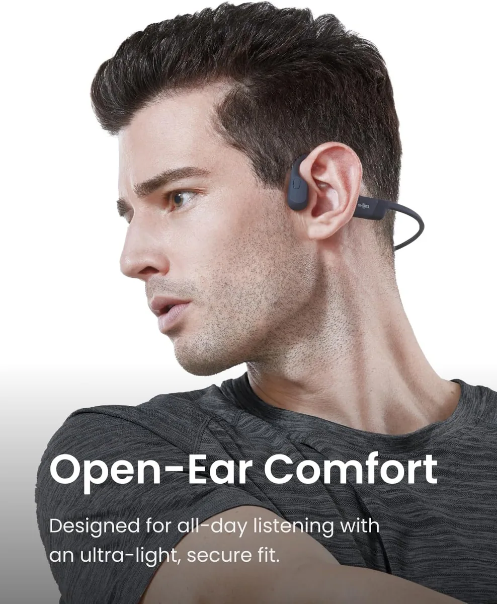 SHOKZ OpenRun Bone Conduction Open-Ear Bluetooth Sport Headphones, Running Workout,Sweat Headband, IP67 Sweat Resistant, 8H Playtime, Mic, Black