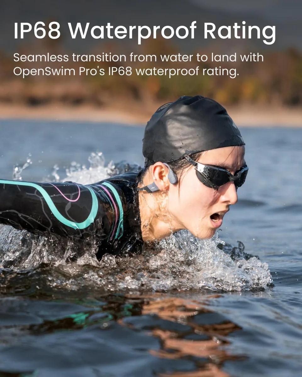 SHOKZ OpenSwim Pro - Open-Ear Bluetooth & MP3 Bone Conduction Sport Headphones, Swimming Headphones, IP68 Waterproof, Grey