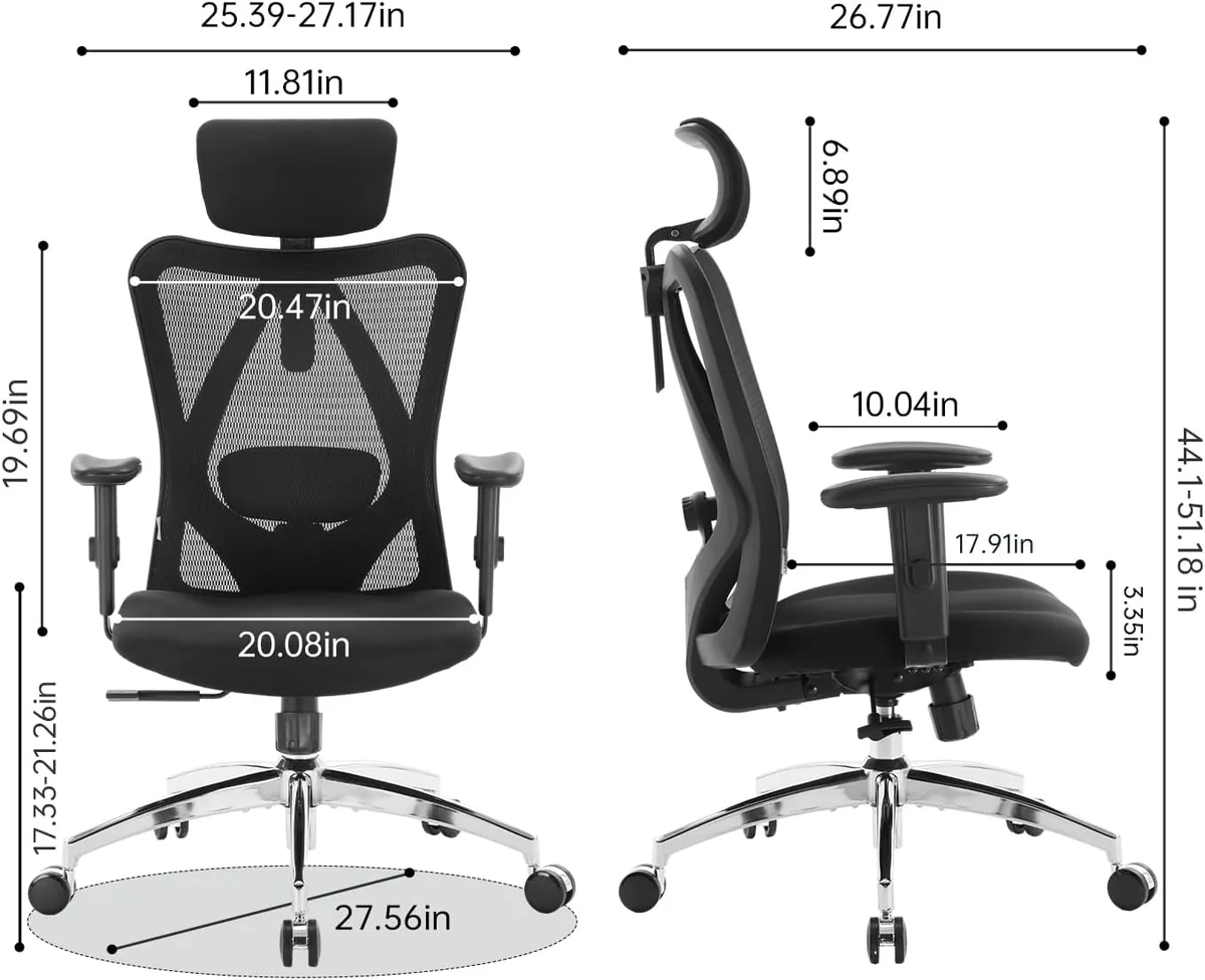 SIHOO M18 Ergonomic Office Chair, High Back Mesh Desk Chair with Adjustable Headrest & Lumbar Support, 330lbs Capacity Computer Chair with 2D Armrests & Wide Cushion, Tilt Lock, for Home Office-Black