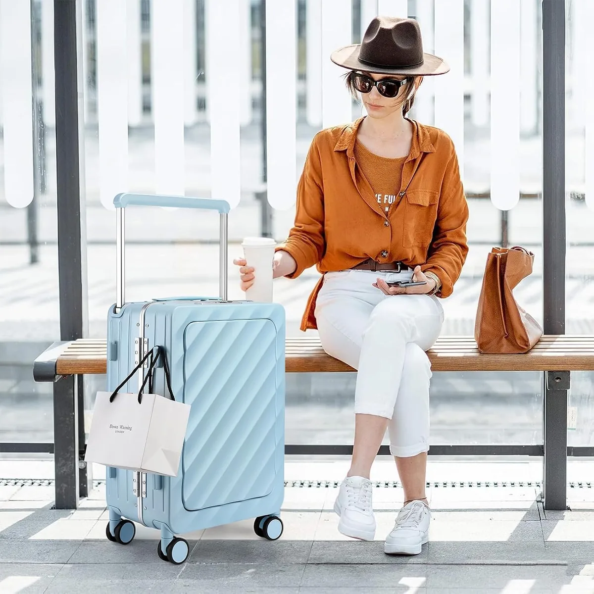 Somago Carry On Luggage Wide Handle 20 Inch Suitcase with Front Compartment Aluminum Framed PC Hardside 22x14x9 No Zipper Business Baggage with Spinner Wheels USB Charging Port TSA Lock