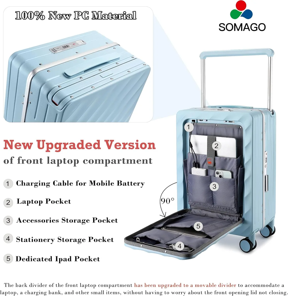 Somago Carry On Luggage Wide Handle 20 Inch Suitcase with Front Compartment Aluminum Framed PC Hardside 22x14x9 No Zipper Business Baggage with Spinner Wheels USB Charging Port TSA Lock