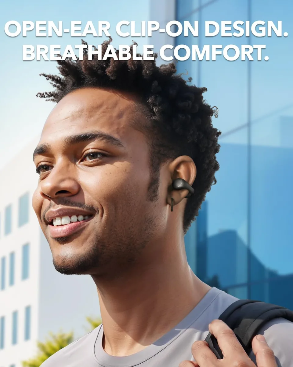Soundcore C40i by Anker, Open-Ear Earbuds, Clip-On Headphones, Flexible Joint Design, Button Controls, Lightweight Comfort, Stable Fit with Attachable Ear Grips, Expansive Drivers for Clear Sound