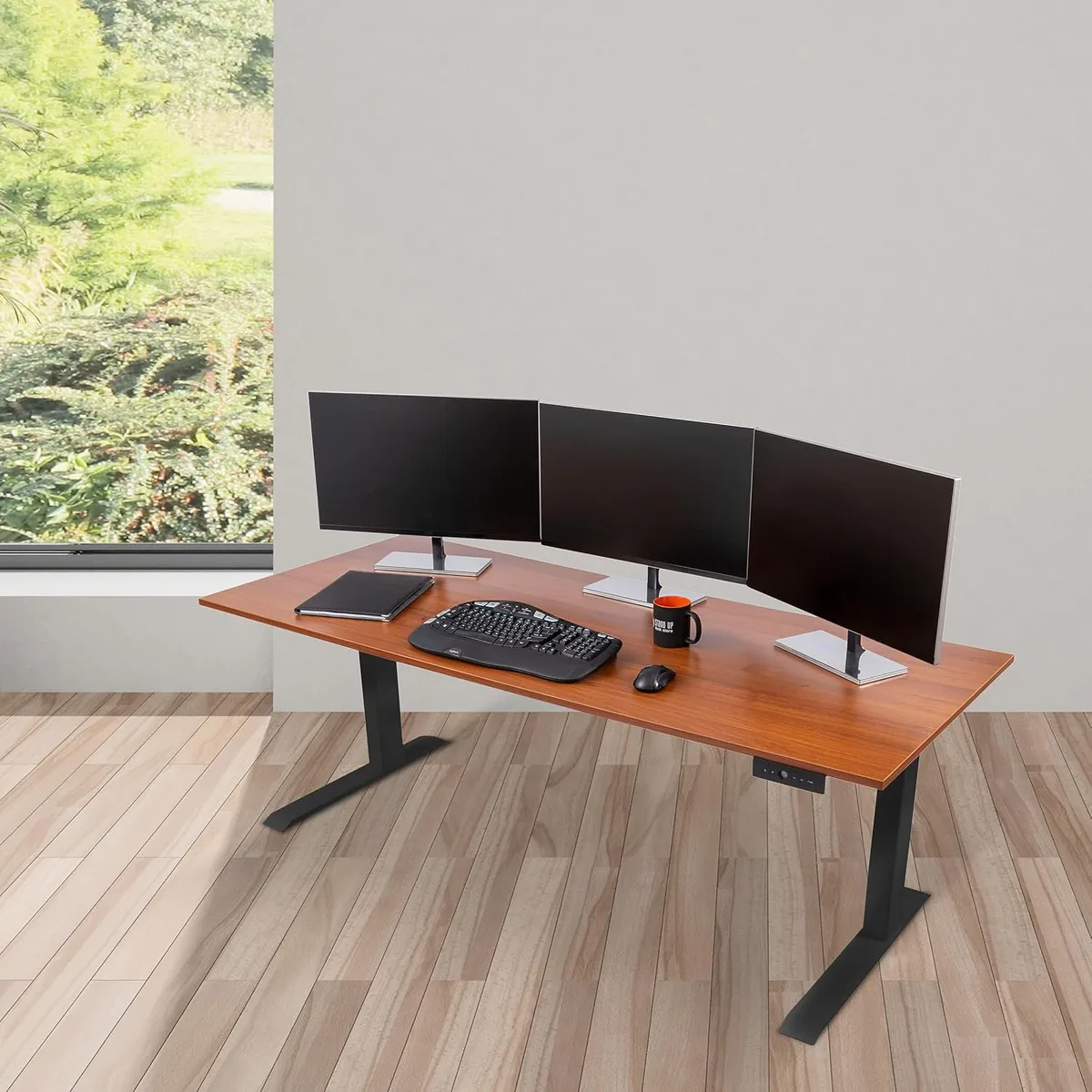 Stand Up Desk Store Electric Adjustable Height Standing Desk with Programmable Memory (Black Frame/Teak Top, 72" Wide)