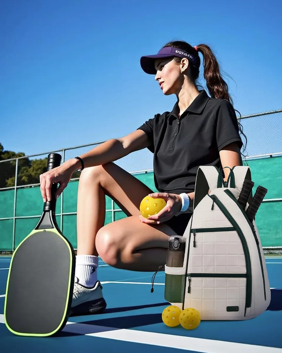 Sucipi Pickleball Bag for Women, Pickleballs Backpack with Fence Hook Reversible Quilted Crossbody Sling Bags Pickle Ball Paddle Bag-Holds Paddles, Pickleballs Accessories,Green White