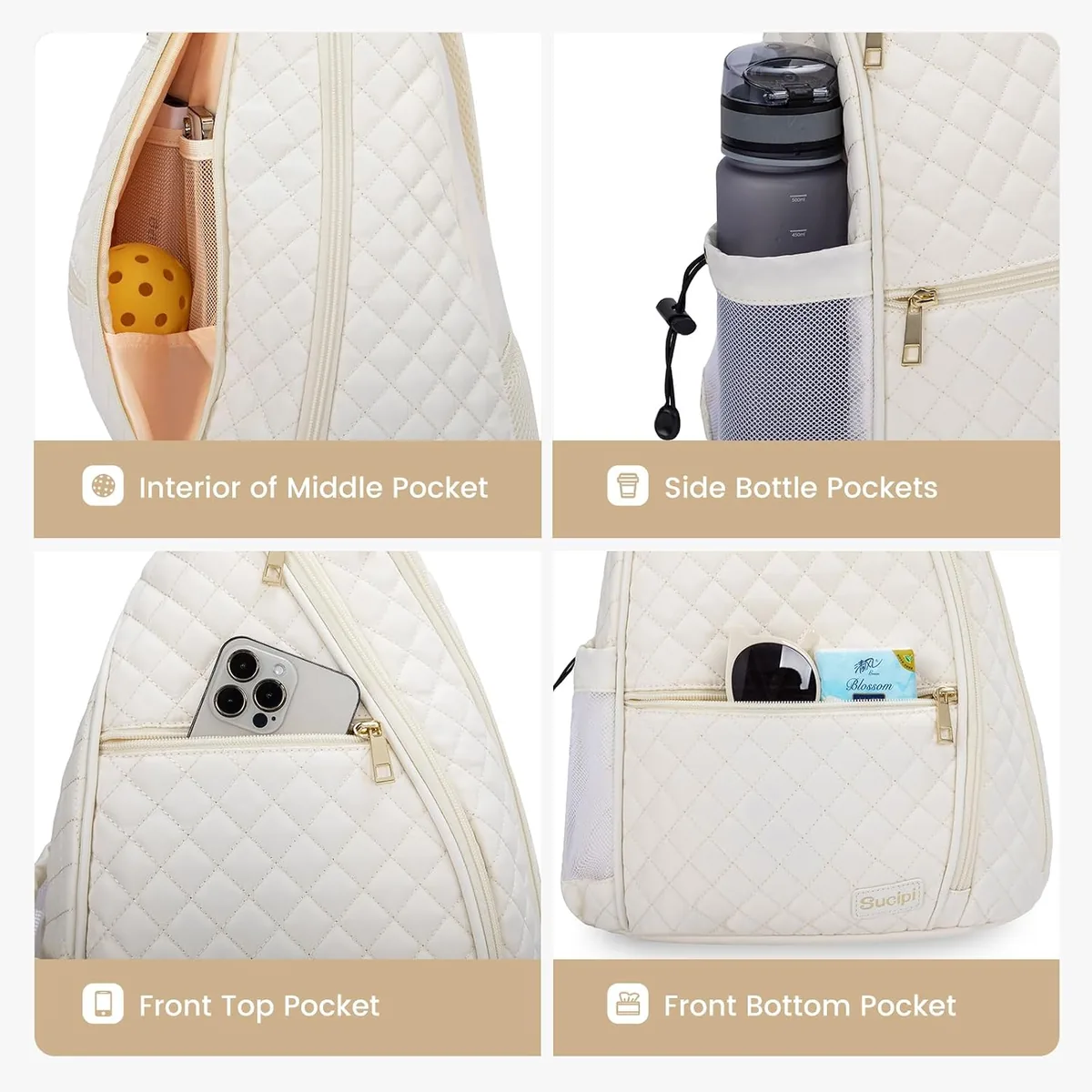 Sucipi Pickleball Bag for Women, Pickleballs Backpack with Fence Hook Reversible Quilted Crossbody Sling Bags Pickle Ball Paddle Bag-Holds Paddles, Pickleballs Accessories,Green White