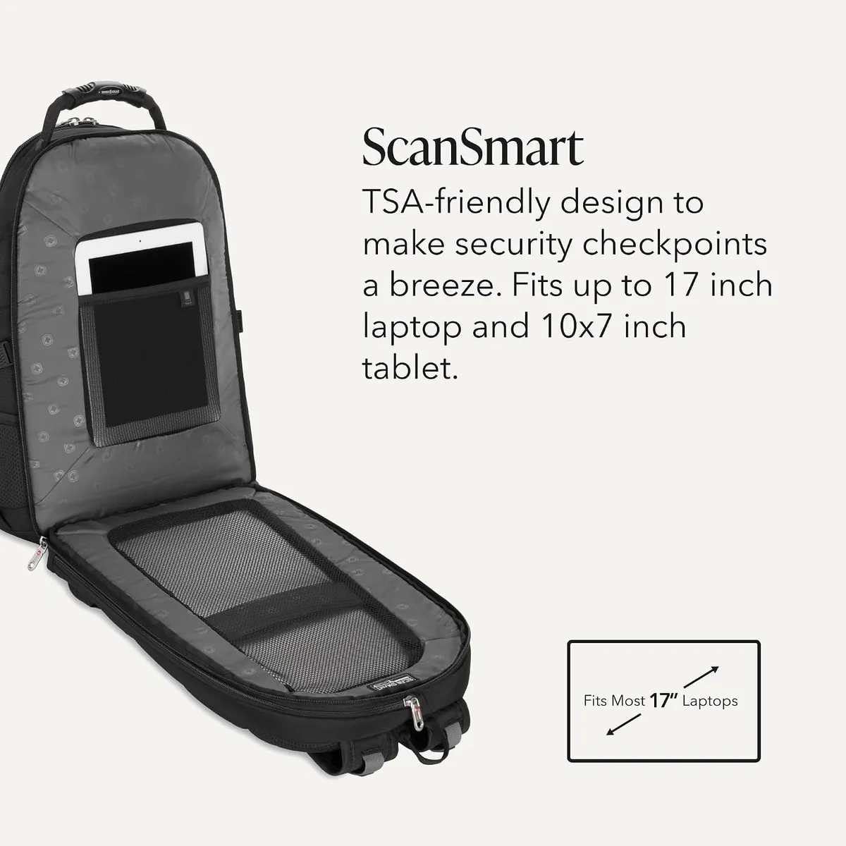 SWISSGEAR 1900 ScanSmart Laptop Backpack, Fits Most 17-Inch Laptops, TSA-Friendly Lay-Flat Design, RFID Protection, and Tablet Pocket, Black, 31L, 18.5-Inch
