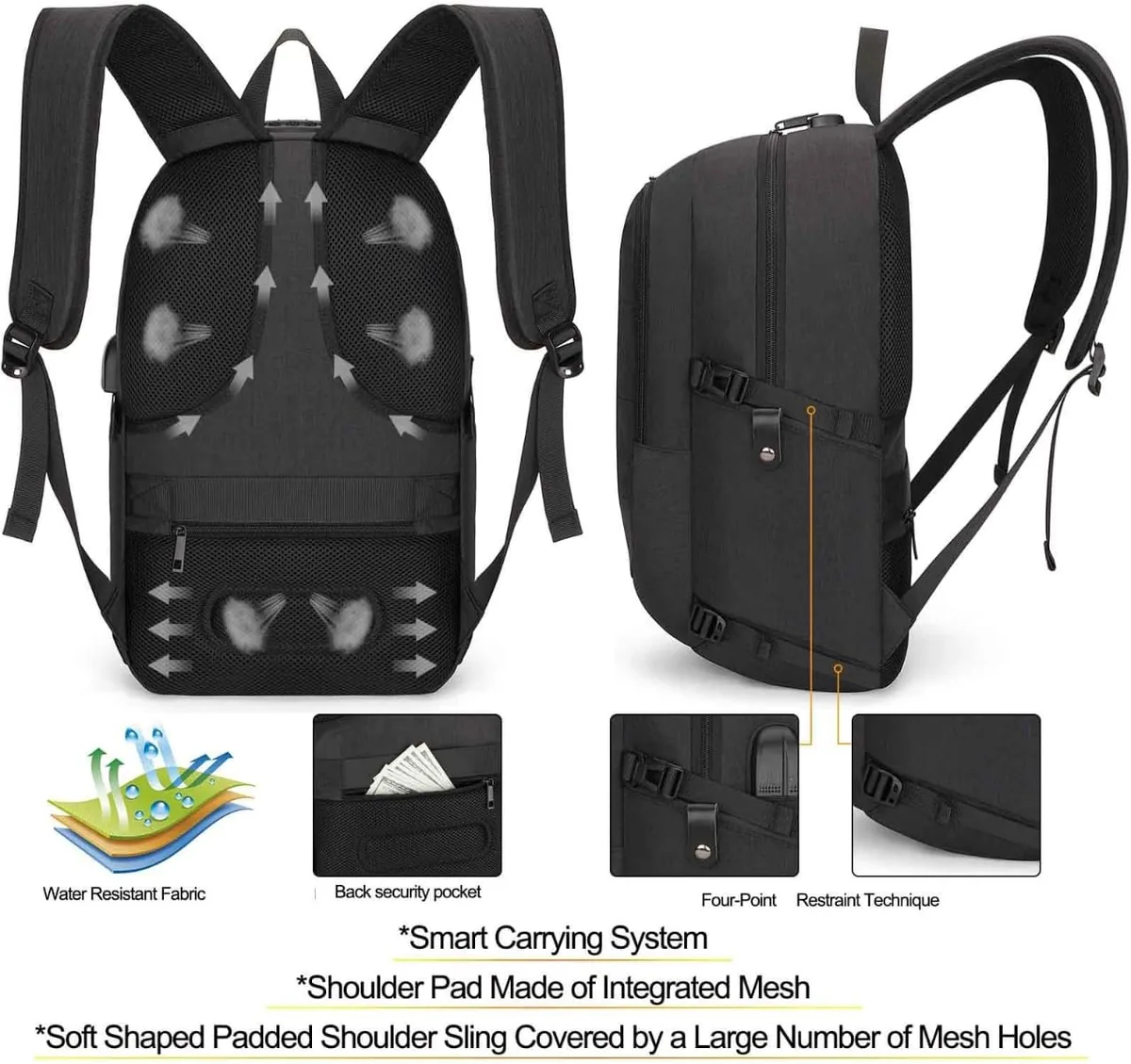 Tzowla Travel Laptop Backpack Water Resistant Anti-Theft Bag with Giant Tumbler Holder Pocket and Lock 15.6 Inch Computer Business Backpacks for Women Men Work College,Casual Daypack(Black)
