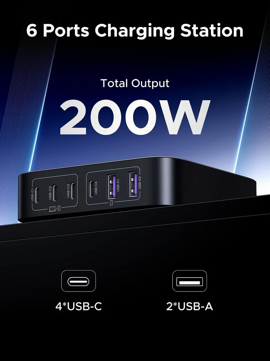 UGREEN Nexode 200W GaN USB C Charging Station, 6-Port Desktop Charger for MacBook Pro/Air, iPad Pro/Air, iPhone 17/16/15 Series, Galaxy S25/S24 Ultra, Pixel 10/9, Steam Deck