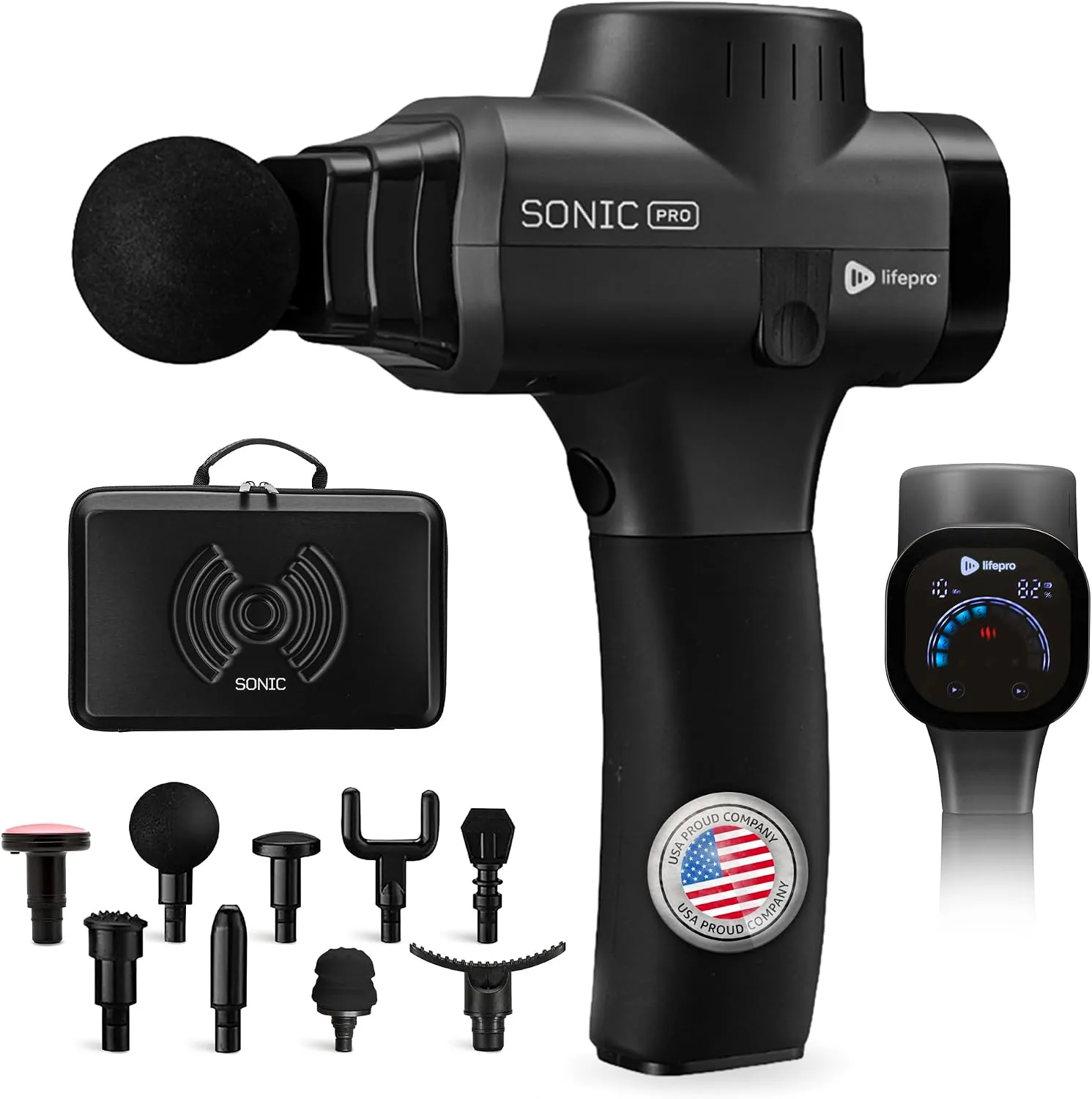 Lifepro SonicPro Massage Gun Deep Tissue with Heat — Percussion Massager Gun 10 Speeds 9 Heads — Muscle Massager for Athletes Back, Legs, Arms