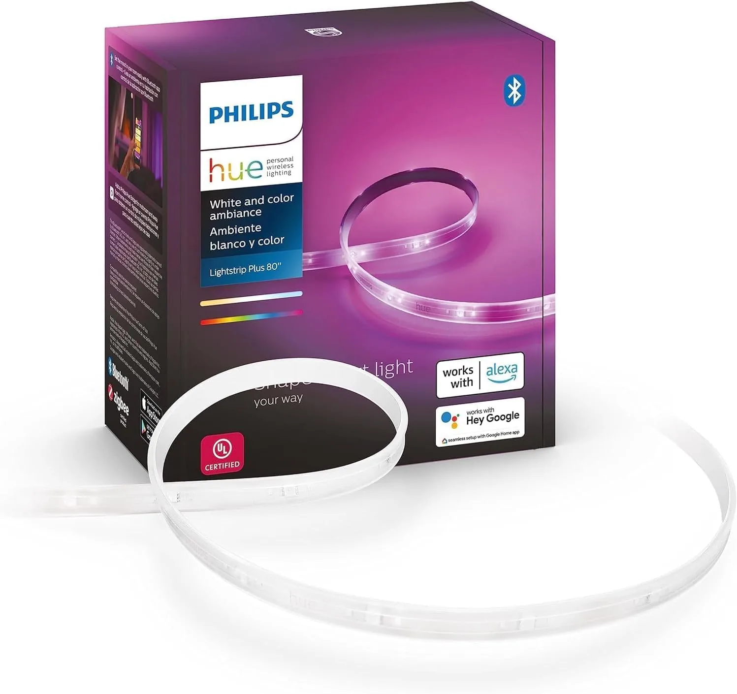 Philips Hue Bluetooth Smart Lightstrip Plus 2m/6ft Base Kit with Plug, (Voice Compatible with Amazon Alexa, Apple Homekit and Google Home), White