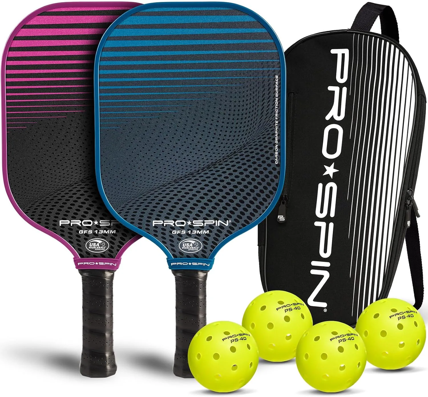 PRO-SPIN Carbon Fiber Pickleball Paddles Set of 2 | Lightweight Pickleball Set with Indoor/Outdoor Balls and Bag – Durable Pickle Ball Paddle Gift for Men, Women & Families