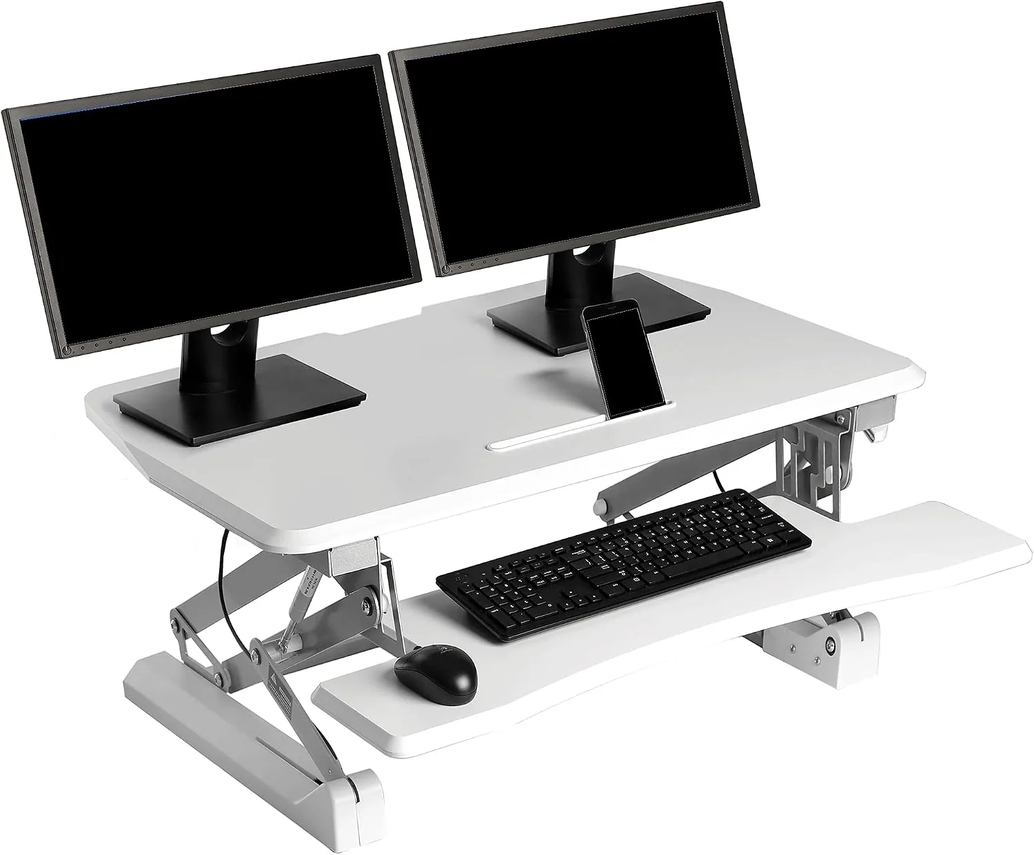 Seville Classics OFF65808 Airlift 36" Gas-Spring Height Adjustable Standing Desk Converter Workstation Ergonomic Dual Monitor Riser with Keyboard Tray and Phone/Tablet Holder Full White