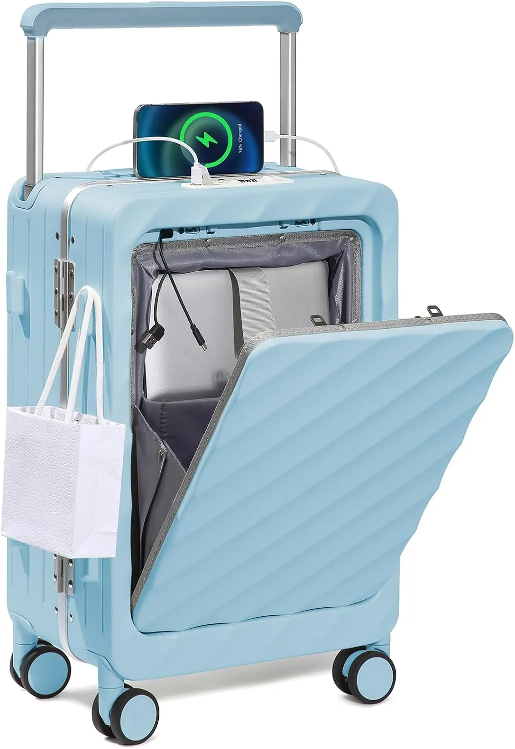 Somago Carry On Luggage Wide Handle 20 Inch Suitcase with Front Compartment Aluminum Framed PC Hardside 22x14x9 No Zipper Business Baggage with Spinner Wheels USB Charging Port TSA Lock