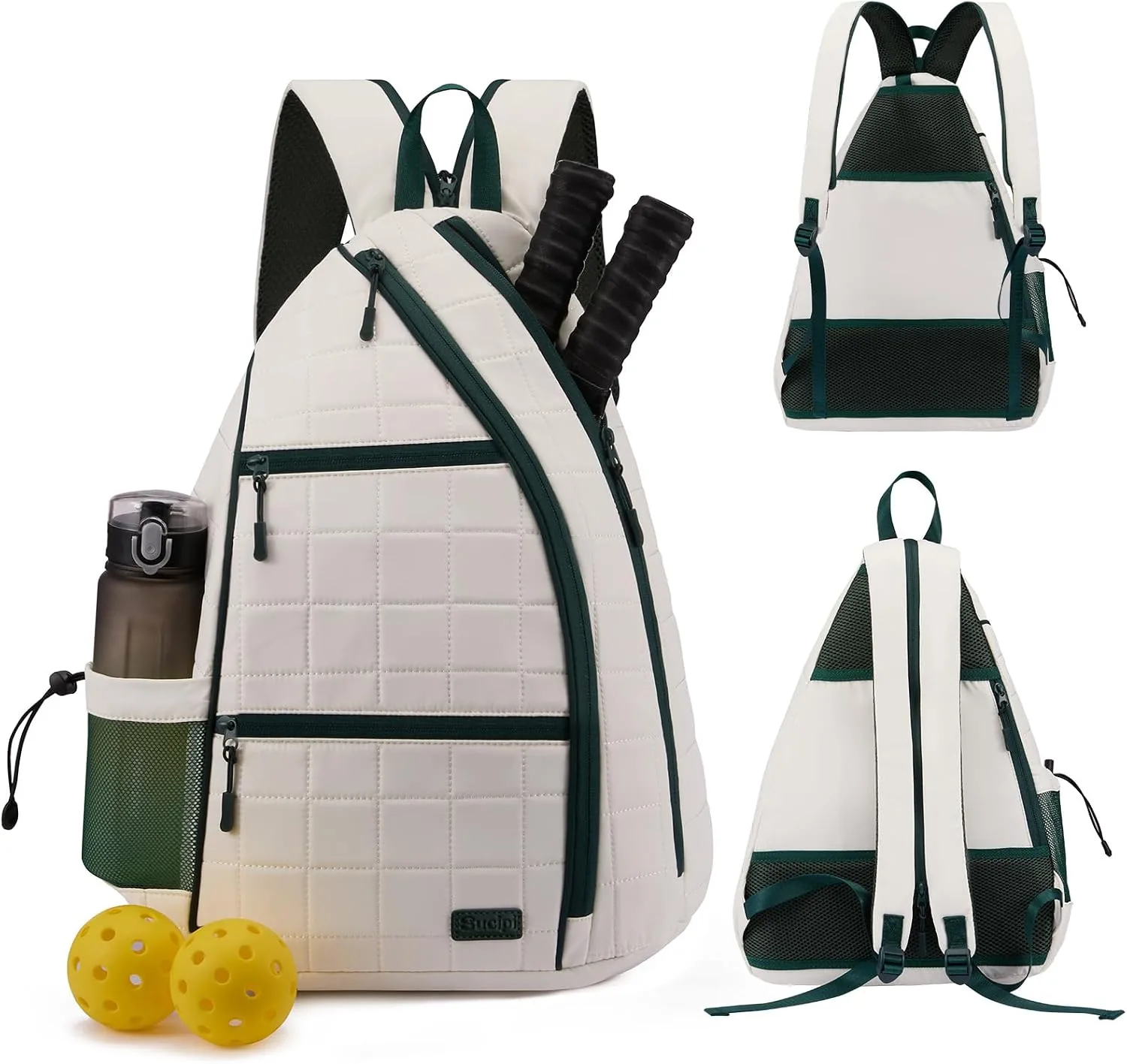 Sucipi Pickleball Bag for Women, Pickleballs Backpack with Fence Hook Reversible Quilted Crossbody Sling Bags Pickle Ball Paddle Bag-Holds Paddles, Pickleballs Accessories,Green White
